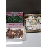 3 SMALL TUBS CONTAINING FARTHINGS AND MARBLES PLUS STAMPS FROM AROUND THE WORLD