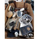 A BOX OF MISCELLANEOUS INC BRASS DRESSING TABLE SET AND ASSORTED CUTLERY ETC