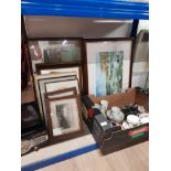 A BOX OF ASSORTED WARE INC PRAKTICA CAMERA AND A SUBSTANTIAL AMOUNT OF FRAMED ITEMS