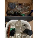 2 BOXES OF ASSORTED WARE INC GLASS DECANTERS WITH STOPPERS AND OTHER GLASSWARE