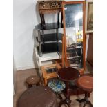 LOT OF MISCELLANEOUS FURNITURE INCLUDES PINE CHEVAL MIRROR AND UPHOLSTERED FRINGED FOOTSTOOL