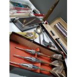 LOT COMPRISING OF PENS CRESTED SPOONS AND BOXED SET OF MILBRO BRASS DARTS