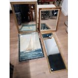 3 GILT FRAMED BEVELLED EDGED MIRRORS PLUS FRAMED PICTURE OF A SAILING SHIP
