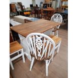 KITCHEN TRESTLE TABLE TOGETHER WITH 2 CHAIRS AND 4 STOOLS