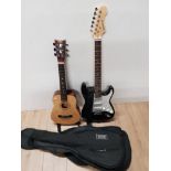 2 ASSORTED GUITARS ONE ACOUSTIC ONE ELECTRIC BOTH TOGETHER WITH CARRY CASES