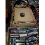 3 BOXES OF ASSORTED RECORDS DVDS AND CDS