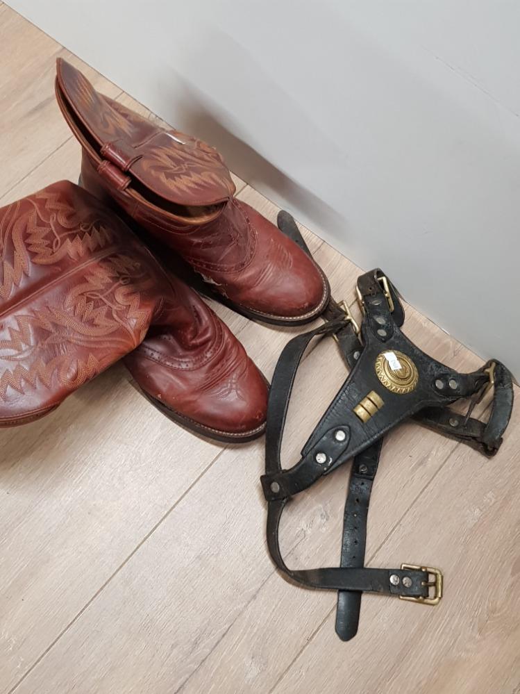 PAIR OF JUSTIN BOOTS AND LEATHER AND BRASS STRAP