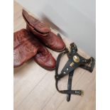 PAIR OF JUSTIN BOOTS AND LEATHER AND BRASS STRAP