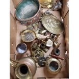 BOX OF COPPER AND BRASS WARE INCLUDES WATER JUG AND SHIP PLAQUE ETC