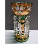 BOHEMIAN LUSTRE WITH HAND PAINTED FLORAL DECORATION AND GLASS DROPS