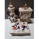 3 PIECES OF MASONS IRONSTONE IN A MANDALAY PATTERN INCLUDES MANTLE CLOCK AND LIDDED DISH