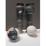 PAIR OF TALL POTTERY STANDS WITH ITALIAN MARBLE BALLS