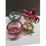 3 PIECES OF ART GLASS INCLUDES CAITHNESS AND MINIATURE ENAMELLED TEAPOT