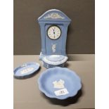 4 PIECES OF WEDGWOOD BLUE JASPER WARE INC CLOCK