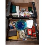 2 BOXES OF MISCELLANEOUS INC BADGES LAMP BRASS LIZARD ETC