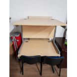 2 OFFICE TABLES WITH METAL BASES TOGETHER WITH 2 BLUE SEATED OFFICE CHAIRS