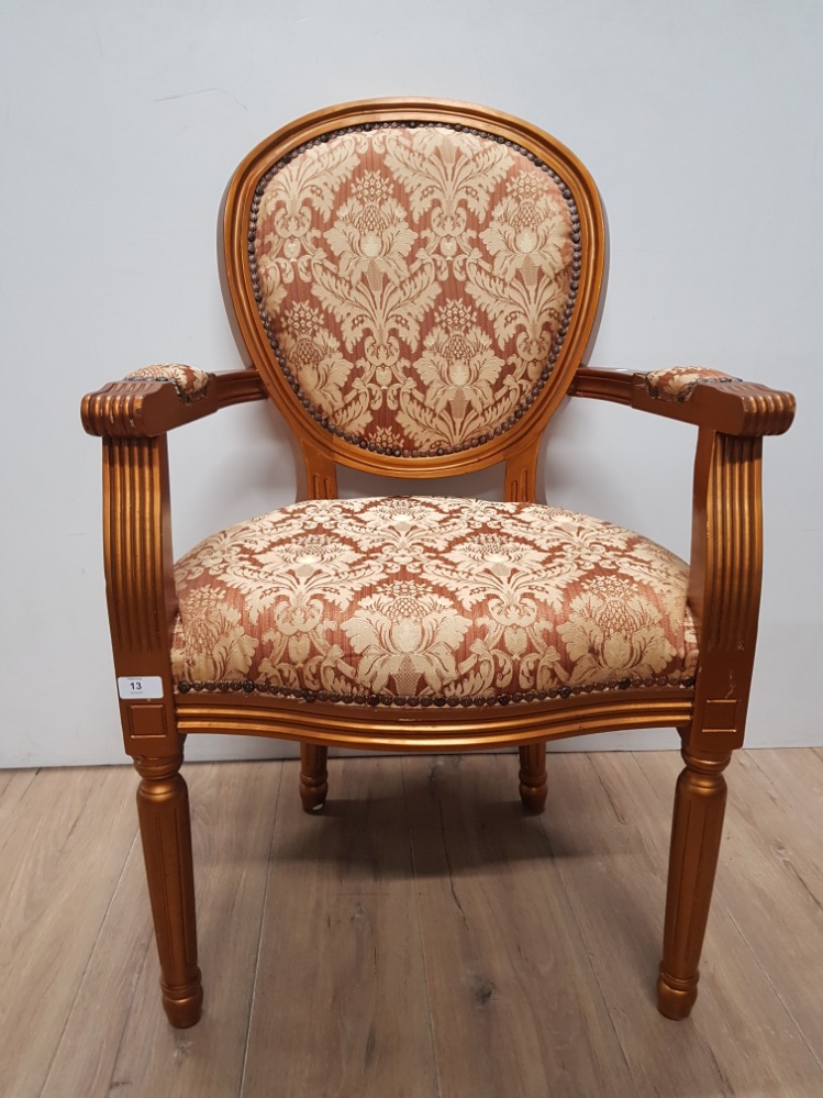 SHERATON STYLE ARM CHAIR WITH BRONZE PATTERNED FABRIC