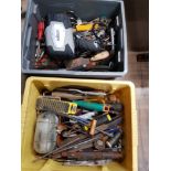 2 BOXES OF ASSORTED TOOLS INC CHISELS ROLSON LIGHT ETC