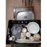 A BOX OF MISCELLANEOUS INC GLASS WARE SILVER PLATED WARE ETC