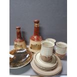 2 BELLS SCOTCH WHISKY DECANTERS TOGETHER WITH ASSORTMENT OF POTTERY INC UPTON POTTERY ETC