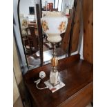 VINTAGE ONYX TABLE LAMP WITH FLORAL PATTERNED SHADE