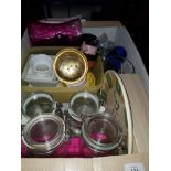 A BOX OF ASSORTED WARE INC PRESERVE JARS COLOURED GLASS VASE ETC