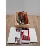 A BOX CONTAINING MISC INC CUTLERY WOODEN BOX ETC