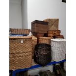 A LARGE AMOUNT OF ASSORTED BASKETS INC WICKER LAUNDRY BASKET ETC