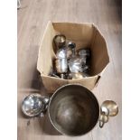 A BOX OF ASSORTED SILVER PLATED WARE