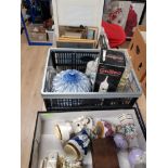 3 BOXES CONTAINING PICTURE FRAMES BLUE AND WHITE LIDDED PUMPKIN VASE ETC