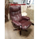 MODERN BURGUNDY LEATHER STRESSES TYPE ARMCHAIR ON SWIVEL BASE