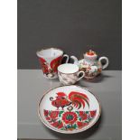 SMALL RUSSIAN COCKEREL TEAPOT AND MUG AND PORCELAIN CUP