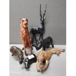 6 CARVED WOOD ANIMALS INC CHEETAHS RHINO ZEBRA ETC