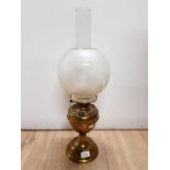 BRASS OIL LAMP WITH FROSTED GLASS ETCHED GLOBE AND GLASS CHIMNEY
