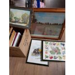 BOX OF FRAMED PRINTS TAPESTRY AND WATERCOLOURS