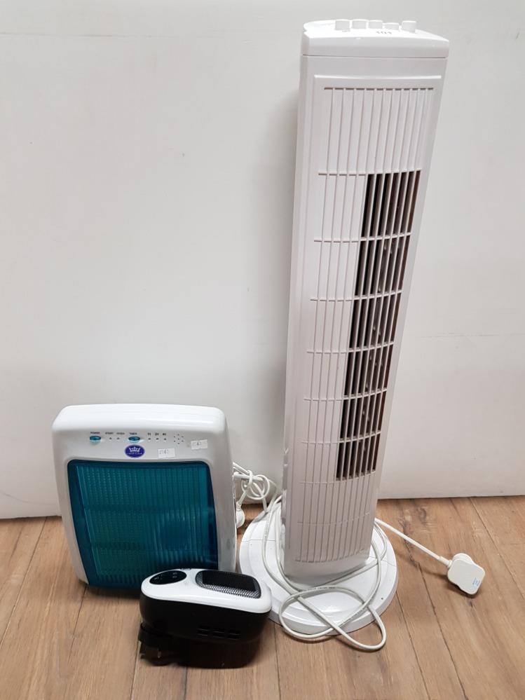 REVOLVING TOWER HEATER AND BELDRAY PLUG IN HEATER PLUS 1 MORE HEATER