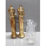 A PAIR OF G V HARNISCH EFTF BRASS PUSH UP OIL LAMPS PLUS 2 GLASS SHADES