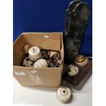 BOX OF VINTAGE PORCELAIN LIGHT CORD HOUSINGS ETC