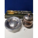 FRENCH ERCUIS SUGAR BOWL PLUS BUTTER DISH AND SALAD SERVERS