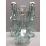 VINTAGE EMBOSSED GLASS JUICE BOTTLE AND MILK BOTTLE PLUS GLASS CARAFE AND STOPPER