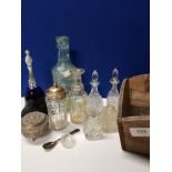 SMALL WOODEN CRATE CONTAINING VINTAGE GLASSWARE INCLUDES SMALL BOTTLES WITH STOPPERS AND METAL