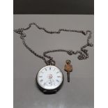 HALLMARKED SILVER LADIES POCKET WATCH AND CHAIN PLUS KEY FULLY WORKING 73.8 GROSS WEIGHT