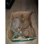 A BOX CONTAINING HAND GRINDER AND SCALES