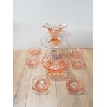 9 PIECES OF ASSORTED GLASS WARE INC CAKE STAND AND COLOURED GLASS