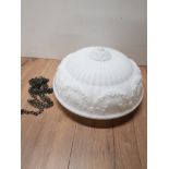 VINTAGE OPAQUE WHITE FIGURED CEILING LIGHT SHADE AND CHAINS