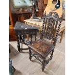 ANTIQUE VICTORIAN CARVED OAK HALL CHAIR WITH BARLEY TWIST AND FLORAL CARVINGS TOGETHER WITH