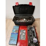 A TOOL BOX CONTAINING SCREWS AND FITTINGS PART SET RATCHET SET ETC