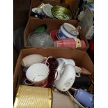 3 BOXES OF ASSORTED WARE INC COLOURED GLASS ETC