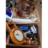 2 BOXES OF ASSORTED WARE INC GLASS CLOCKS BRASS COPPER ETC