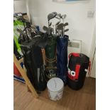 3 GOLF BAGS ALL WITH CONTENTS TOGETHER WITH A BOXING BAG